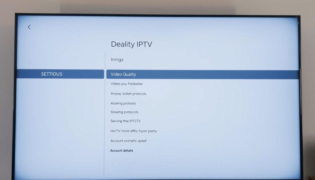 A modern smart TV screen displaying the settings menu for a high-quality IPTV service. The interface features a clean, minimalist design with intuitive controls and customization options. The background is a soft, muted gradient, allowing the UI elements to stand out. The foreground showcases various configuration parameters such as video quality, streaming protocols, and account details. The overall scene conveys a sense of sophistication and technological proficiency, reflecting the advanced capabilities of the smart IPTV system.