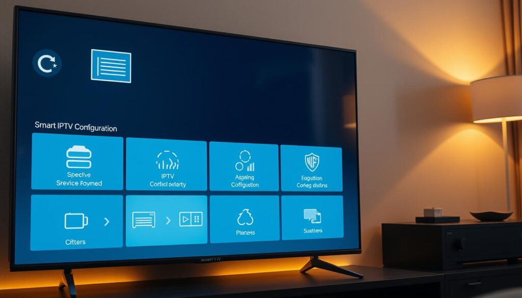 Detailed step-by-step installation of Smart IPTV on a sleek, modern smart TV. Crisp, high-resolution display showing the various configuration screens and menu options. Warm, inviting lighting highlighting the clean, intuitive interface. Seamless integration of the IPTV service with the TV's native smart features. Minimalist, user-friendly design elements guiding the setup process. Subtle camera angle emphasizing the simplicity and user-friendliness of the installation. Muted color palette complementing the high-tech, sophisticated aesthetic of the smart TV.